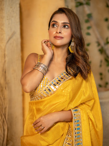 Kiara Buttery Yellow Designer Mirror Work Pure Tissue Silk Saree