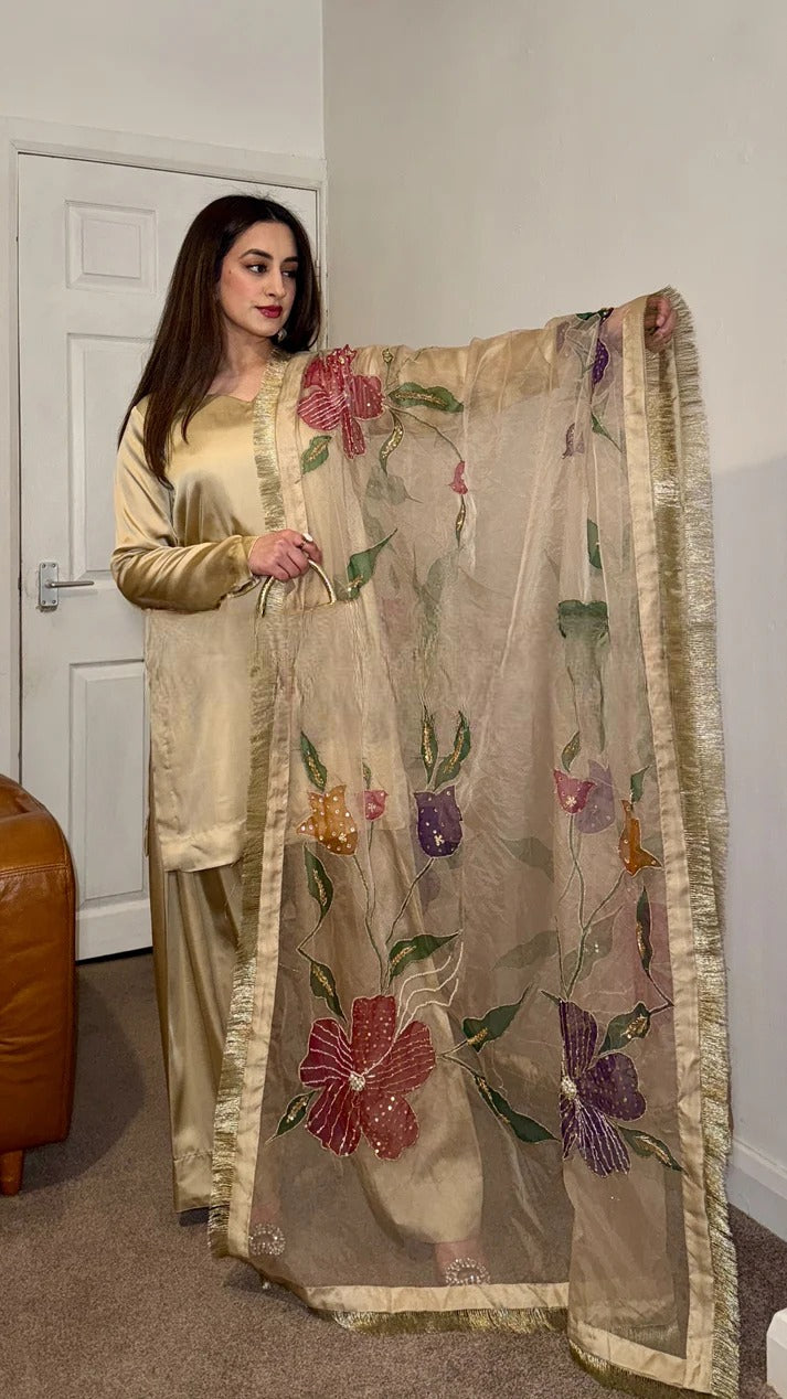 Nura Gold  Designer Party Wear Look top with farshi plazzo Suit