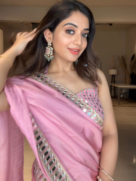 Myra Rose Pink Designer Mirror Work Pure Tissue Silk Saree