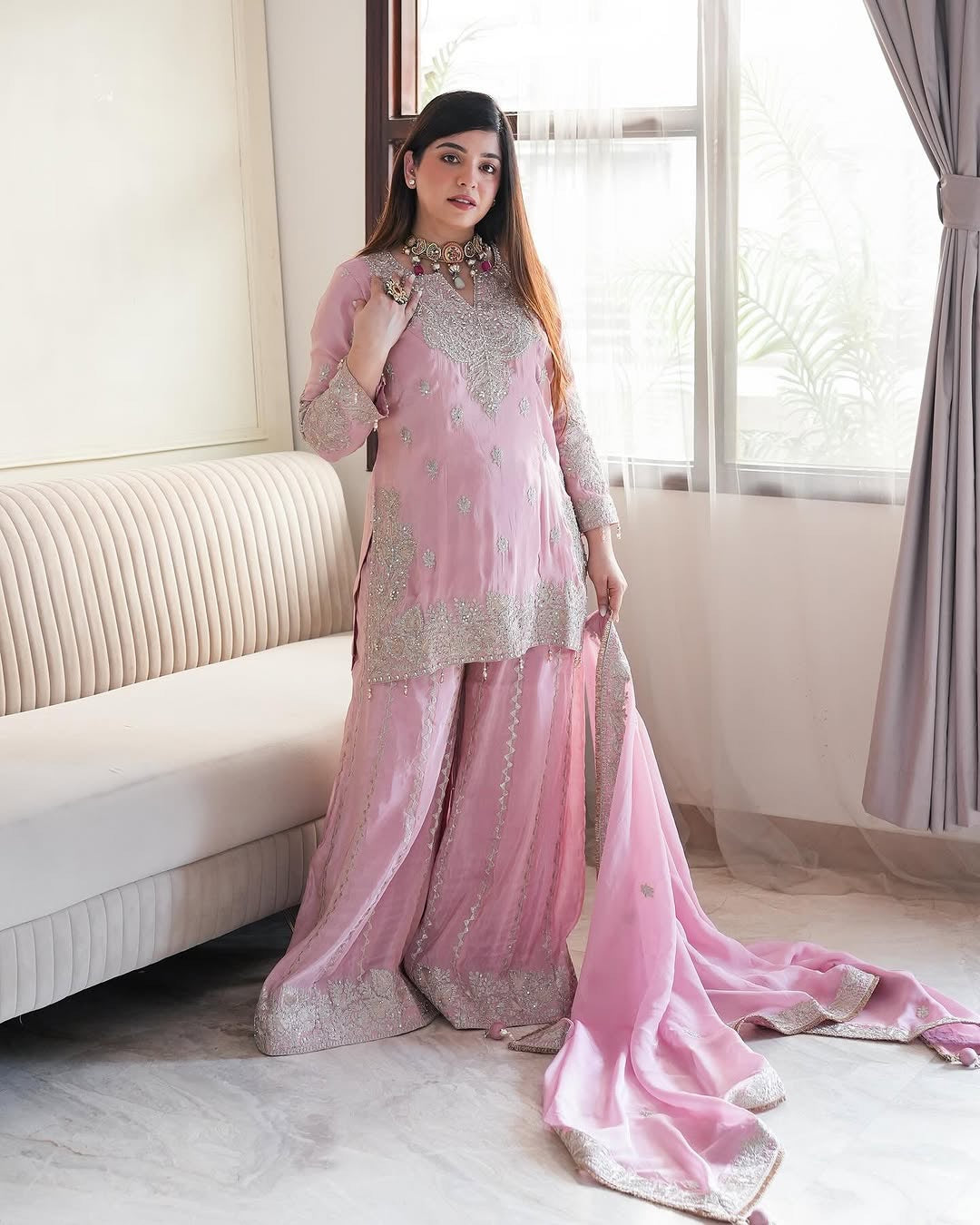 Blush Pink Embroidered Sharara Set