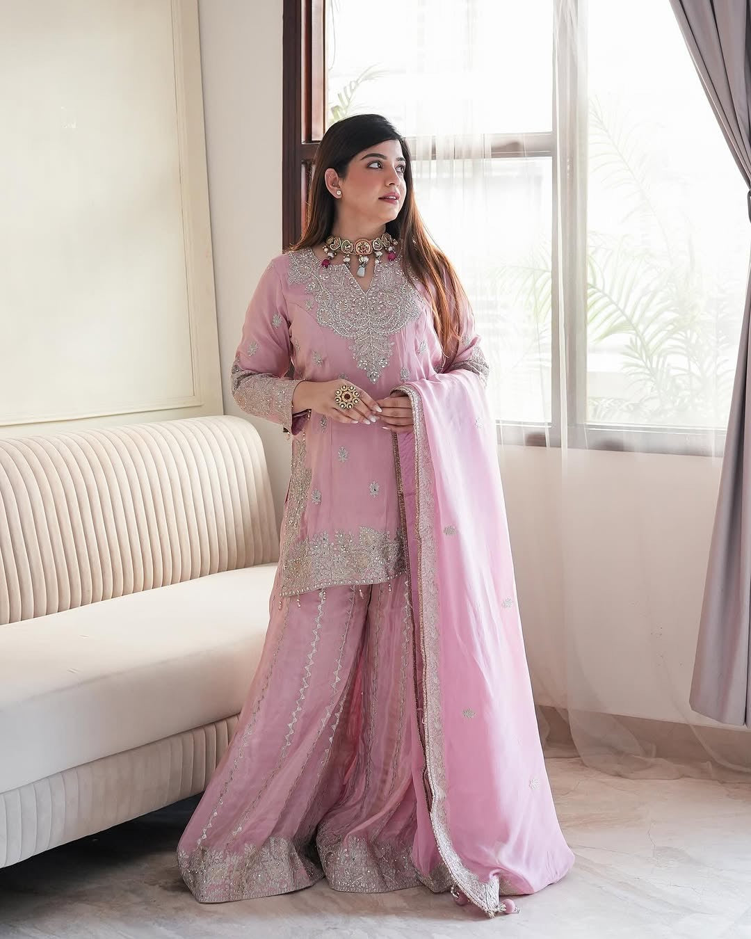 Blush Pink Embroidered Sharara Set