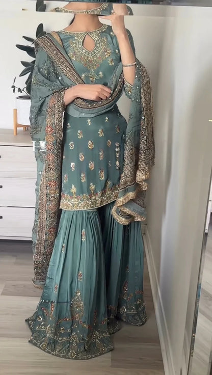 Izhar Teal Green Festive Wear Embroidered Sharara Set