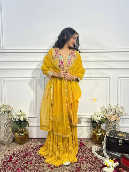 Vastra Mustard Embroidered Sharara Set