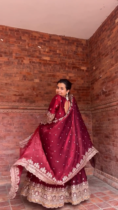 Ruhani Maroon Zari Dori Anarkali Gown Set