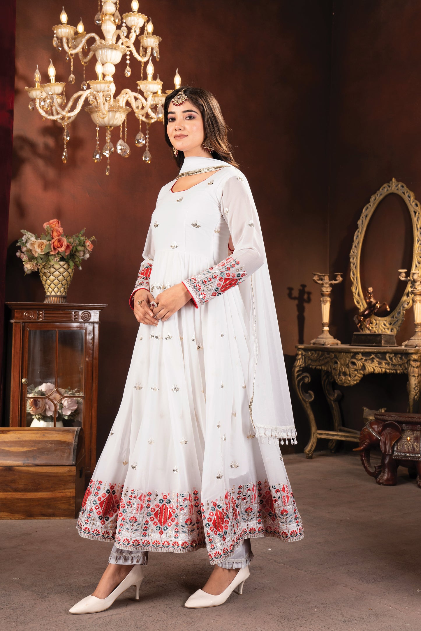 White Embroidered Festive Wear Anarkali Suit