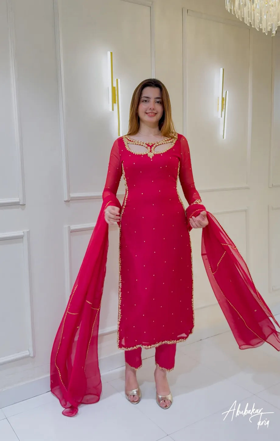 Solid Pink Long Hand Embellshed Kurta With Trouser And Dupatta