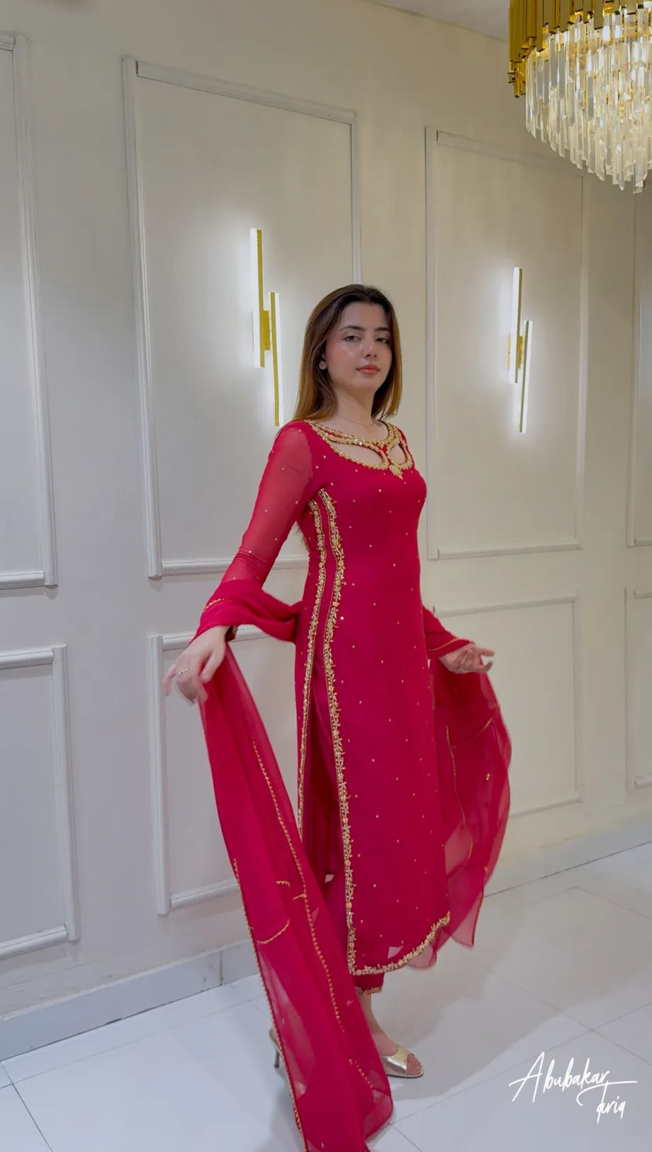 Solid Pink Long Hand Embellshed Kurta With Trouser And Dupatta