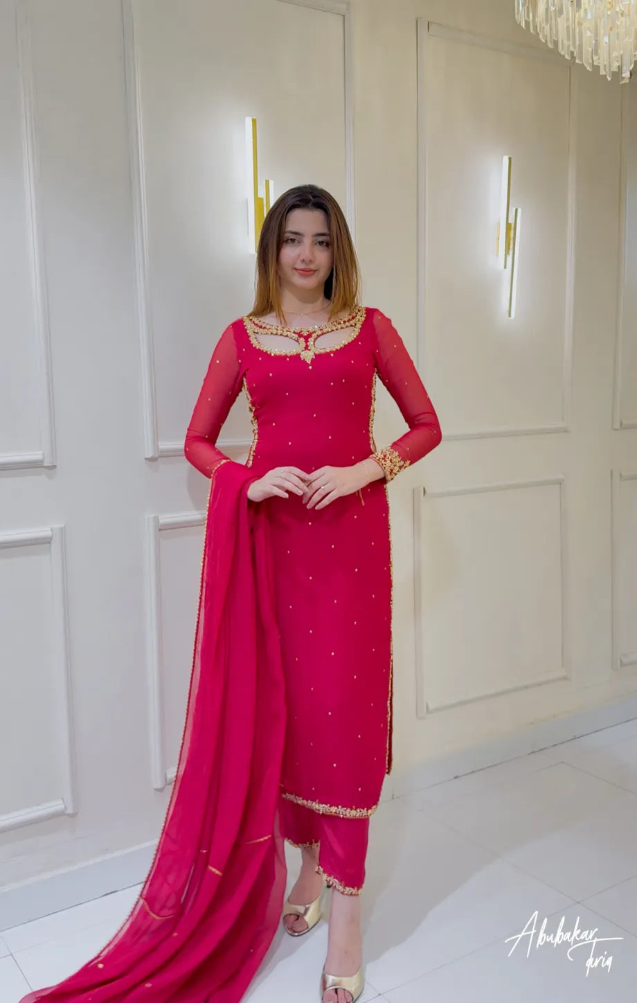 Solid Pink Long Hand Embellshed Kurta With Trouser And Dupatta