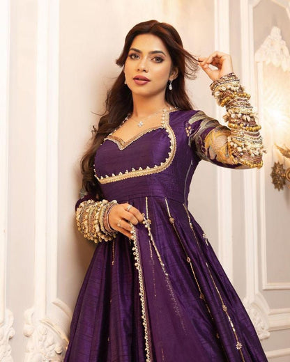 Purple Embroidered Gown with Dupatta in Blooming Vichitra