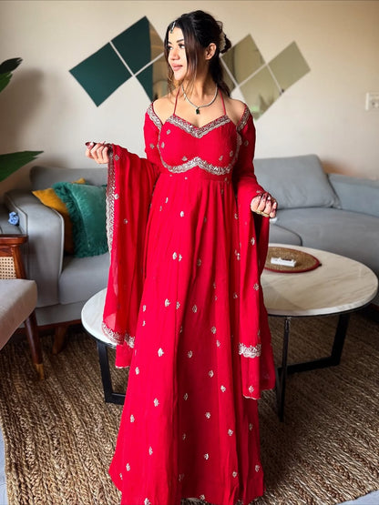 Red Chilli Slit Premium Anarkali Suit Set