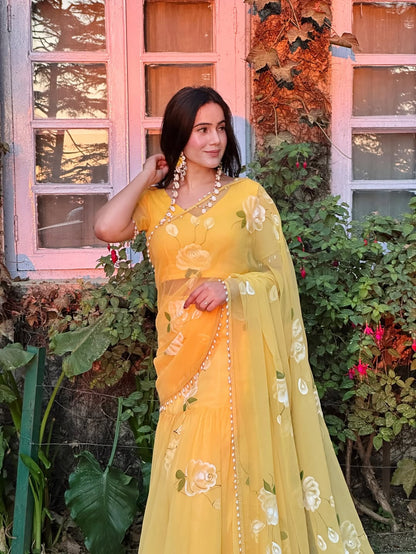 Noor Yellow Floral Pre-Draped Saree