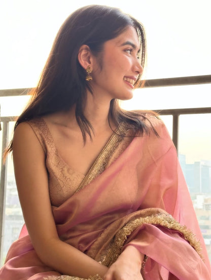 Avni Rose Pink Banarasi Premium Semi Katan Softy Silk Saree