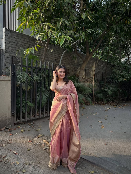 Avni Rose Pink Banarasi Premium Semi Katan Softy Silk Saree