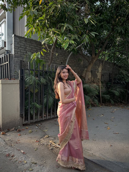 Avni Rose Pink Banarasi Premium Semi Katan Softy Silk Saree