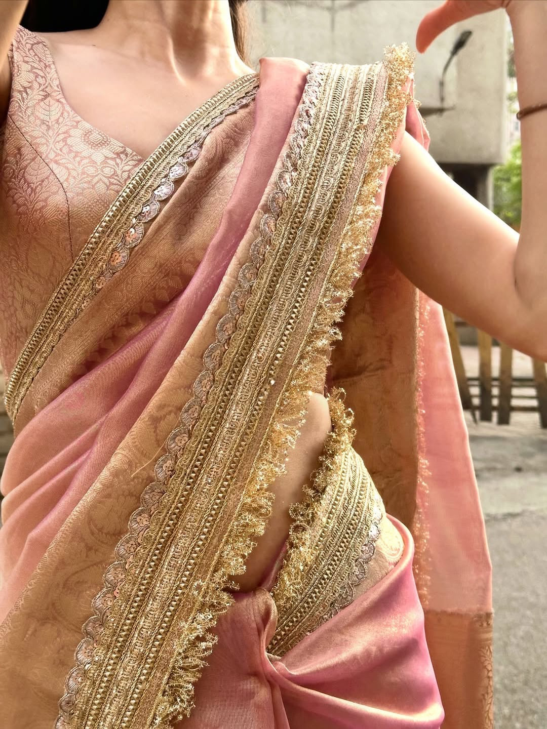 Avni Rose Pink Banarasi Premium Semi Katan Softy Silk Saree