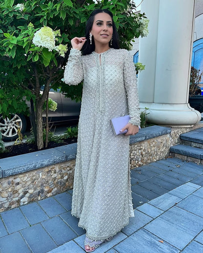 Embellished Beige Pakistani Style Long Kurta Set with Dupatta