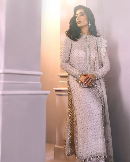 Embellished Beige Pakistani Style Long Kurta Set with Dupatta