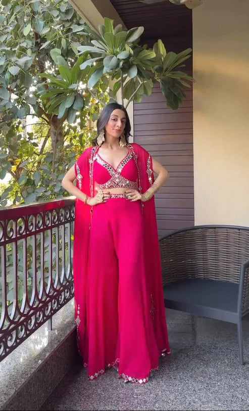 Steel Rani Pink Georgette Mirror Work Crop Top And Sharara