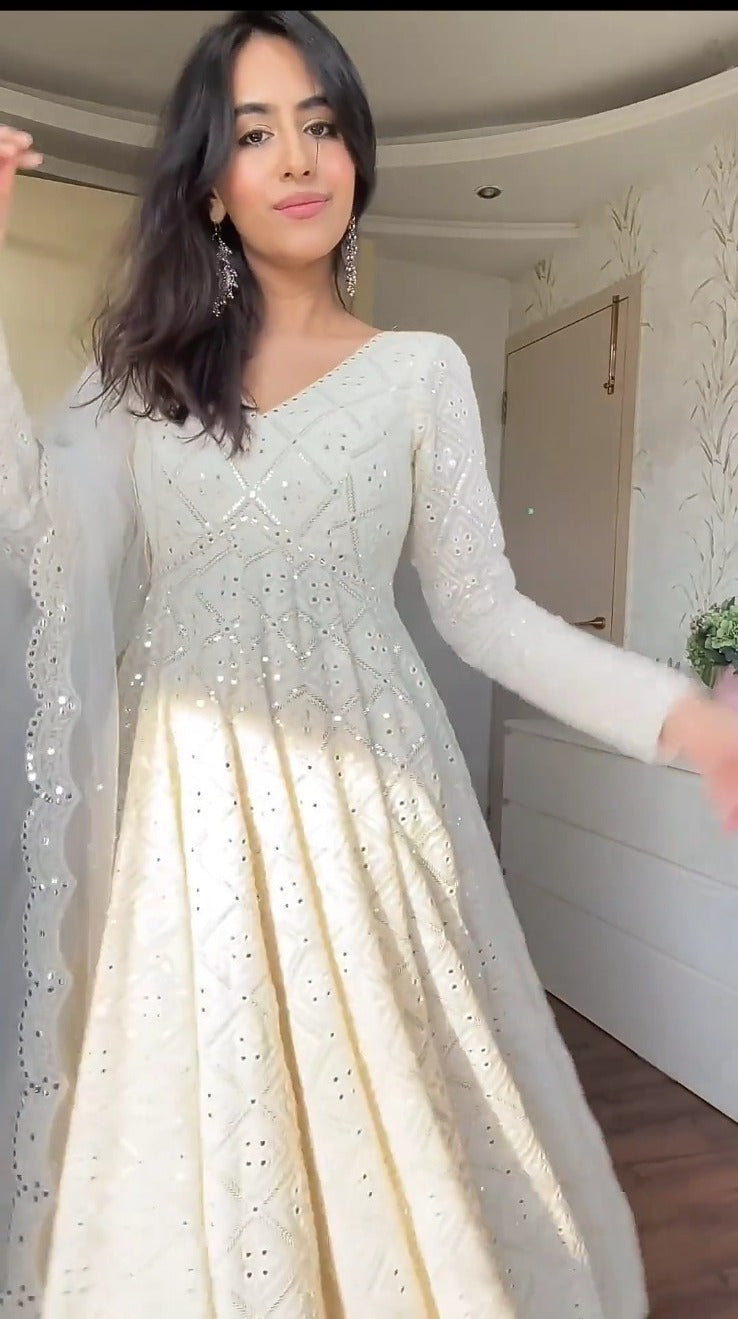 KESHVI WHITE EMBROIDERED GEORGETTE ANARKALI SUIT SET