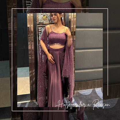 Purple Color Western Style Rangoli Shrug,Tube Choli with Draped Skirt