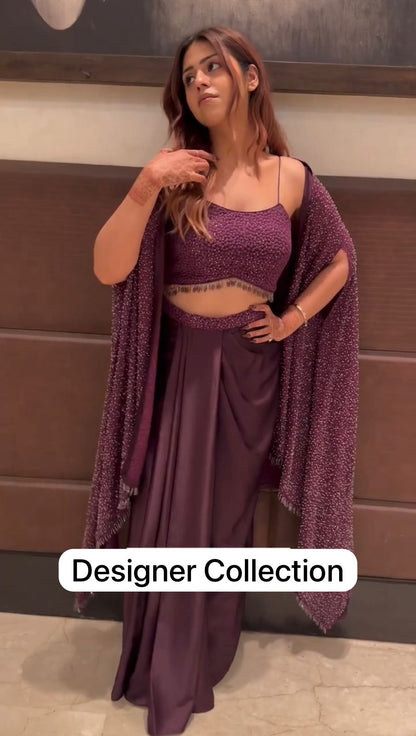 Purple Color Western Style Rangoli Shrug,Tube Choli with Draped Skirt
