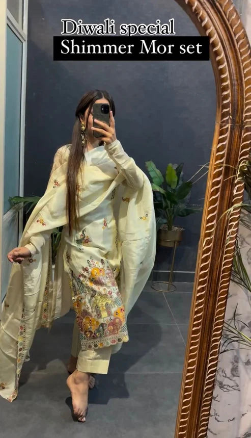 Sanya White Embroidered Designner Shimmer Mor Suit Set