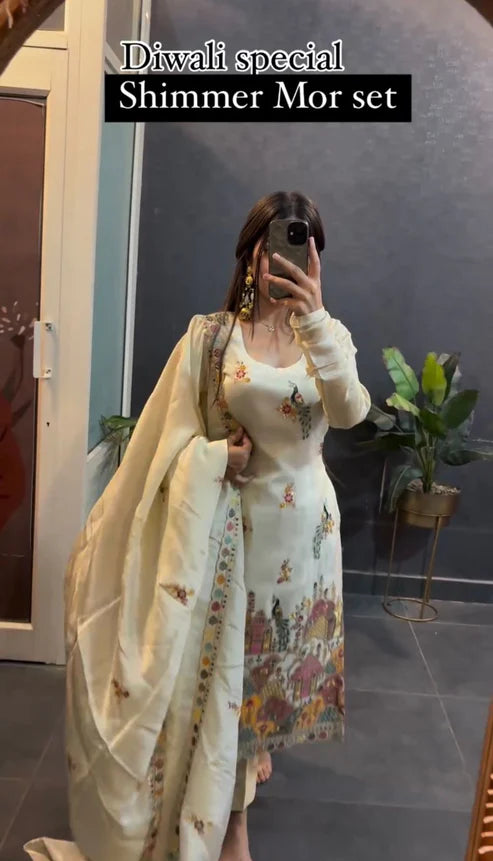 Sanya White Embroidered Designner Shimmer Mor Suit Set