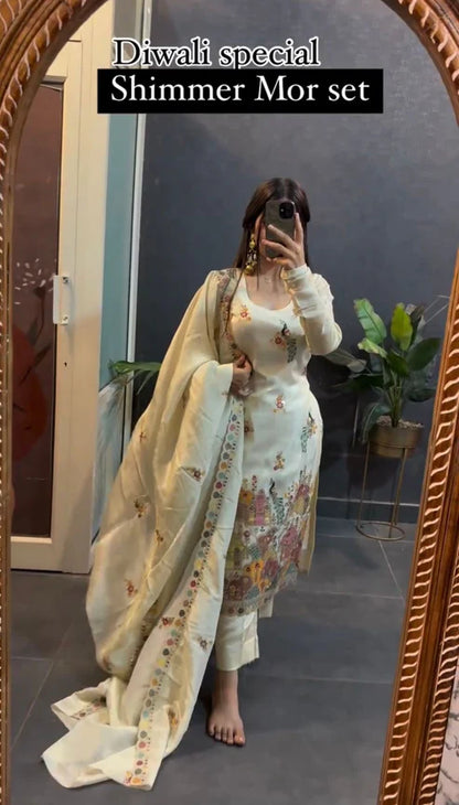 Sanya White Embroidered Designner Shimmer Mor Suit Set