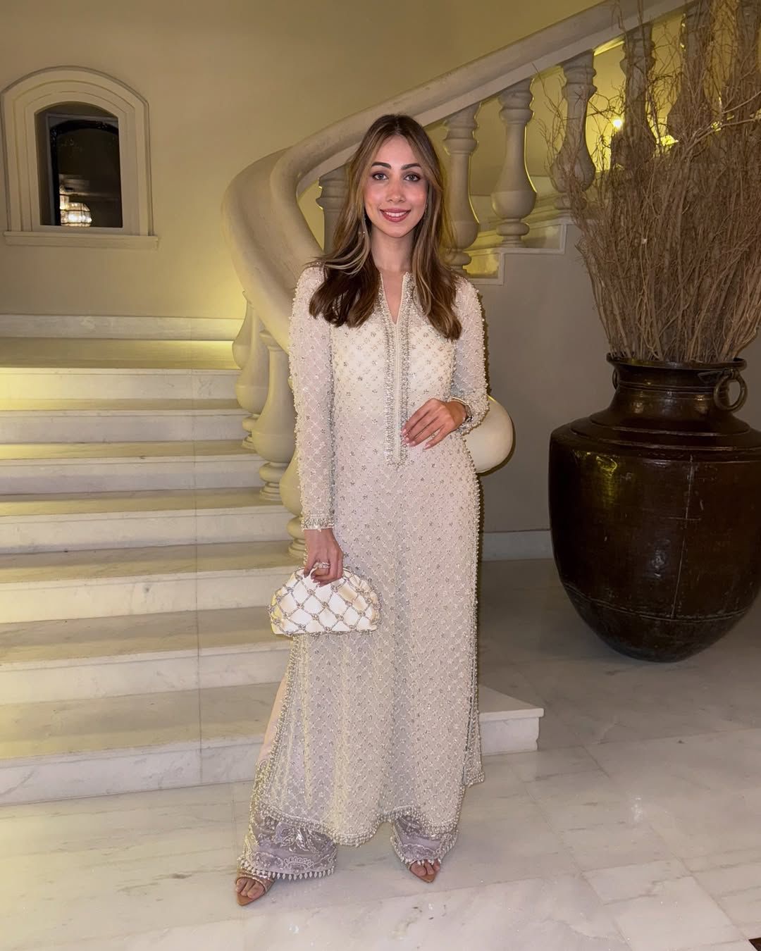 Embellished Beige Pakistani Style Long Kurta Set with Dupatta