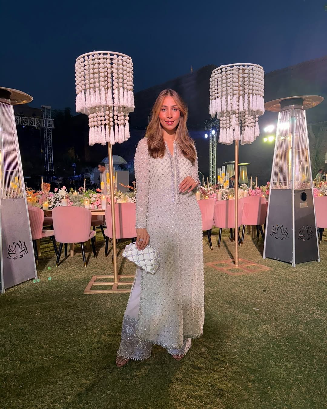 Embellished Beige Pakistani Style Long Kurta Set with Dupatta