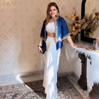 A Queen's Bold Blues and Flowing Whites Three Piece Indo western