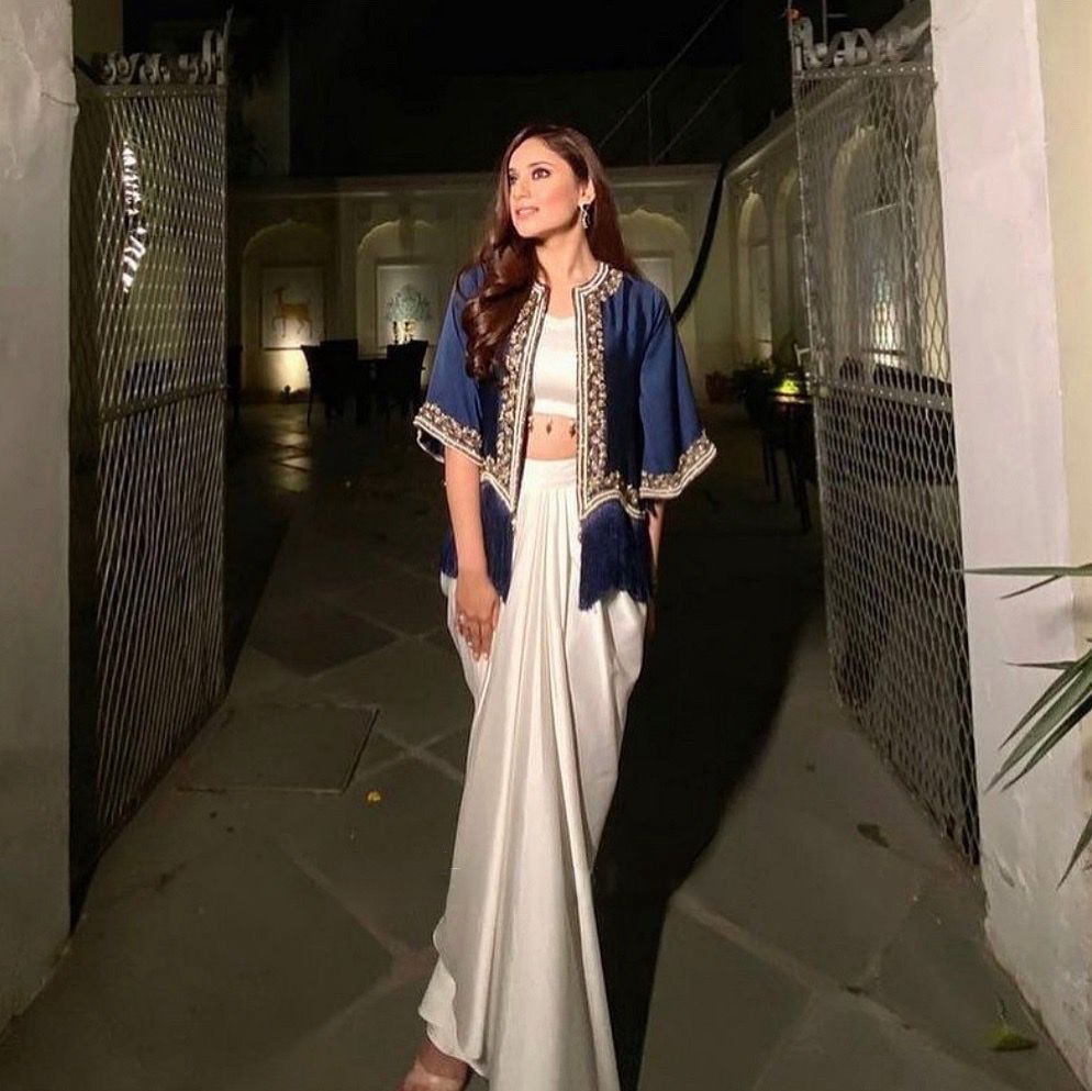 A Queen's Bold Blues and Flowing Whites Three Piece Indo western