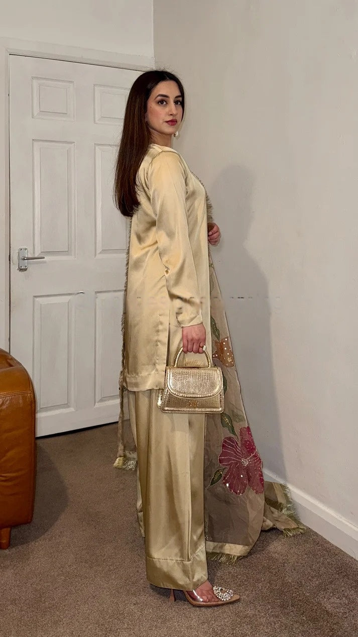Nura Gold  Designer Party Wear Look top with farshi plazzo Suit