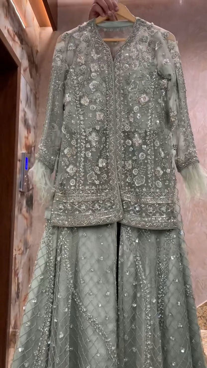 Diamond Designer Feather-Sleeve Embellished Outfit