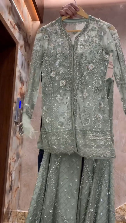 Diamond Designer Feather-Sleeve Embellished Outfit