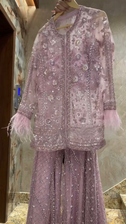 Diamond Designer Feather-Sleeve Embellished Outfit