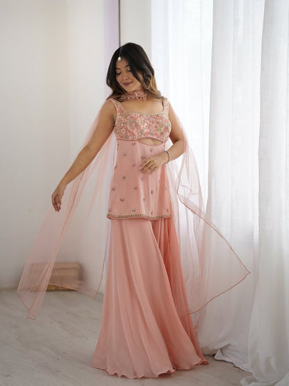 Vani Peach hand Sewn Beads Work Poncho Styled Sharara Pant