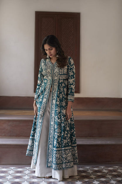 Neelaya Teal Embroidered Jacket Set
