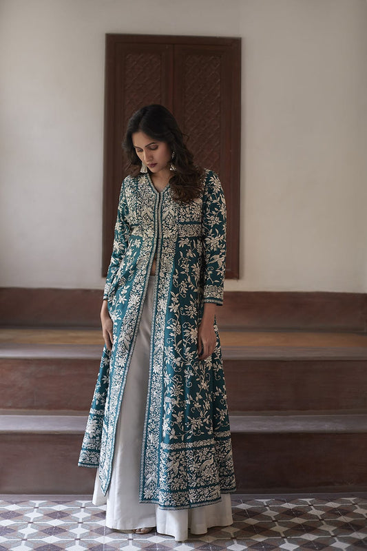 Neelaya Teal Embroidered Jacket Set