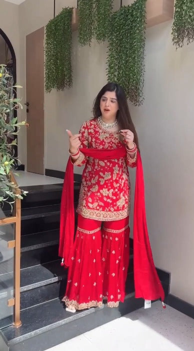 Regal Plum Elegance Handcrafted Embroidered Sharara Set