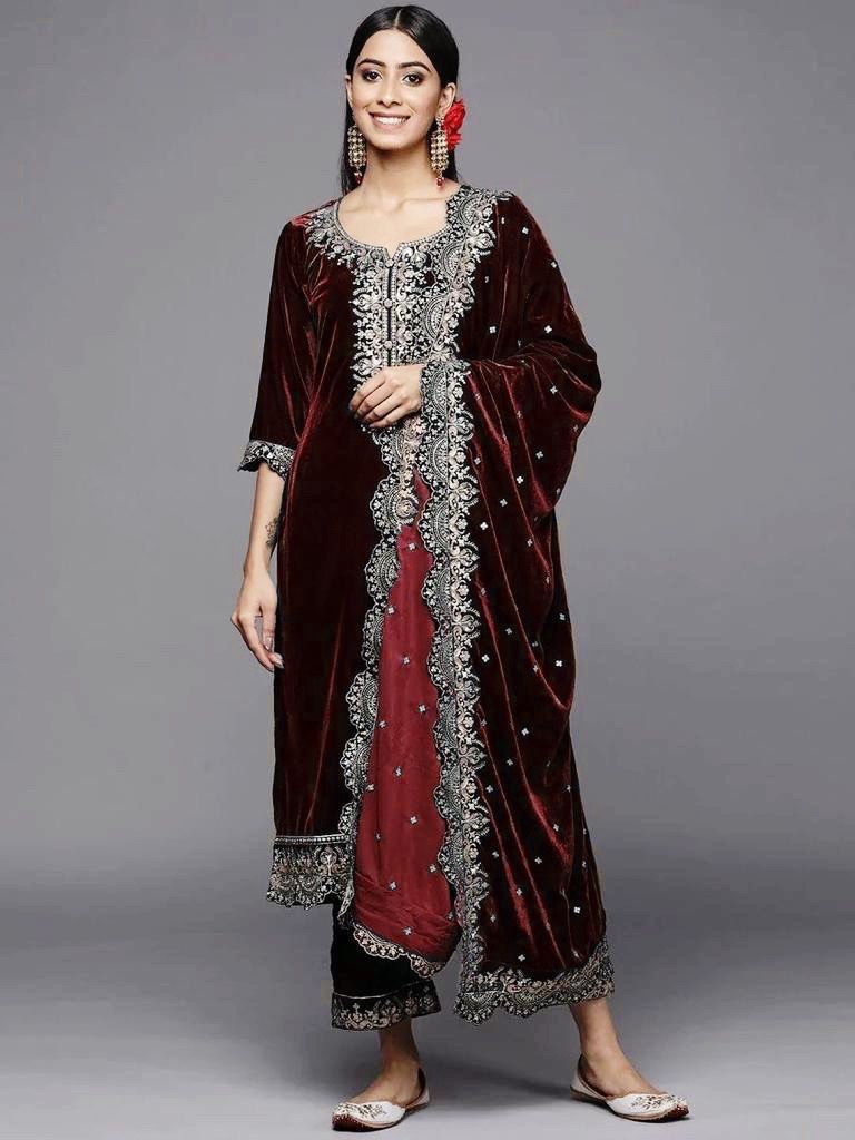 NoorVel Luxe Heavy Velvet Embroidered Kurti-Plazzo Set with Dupatta