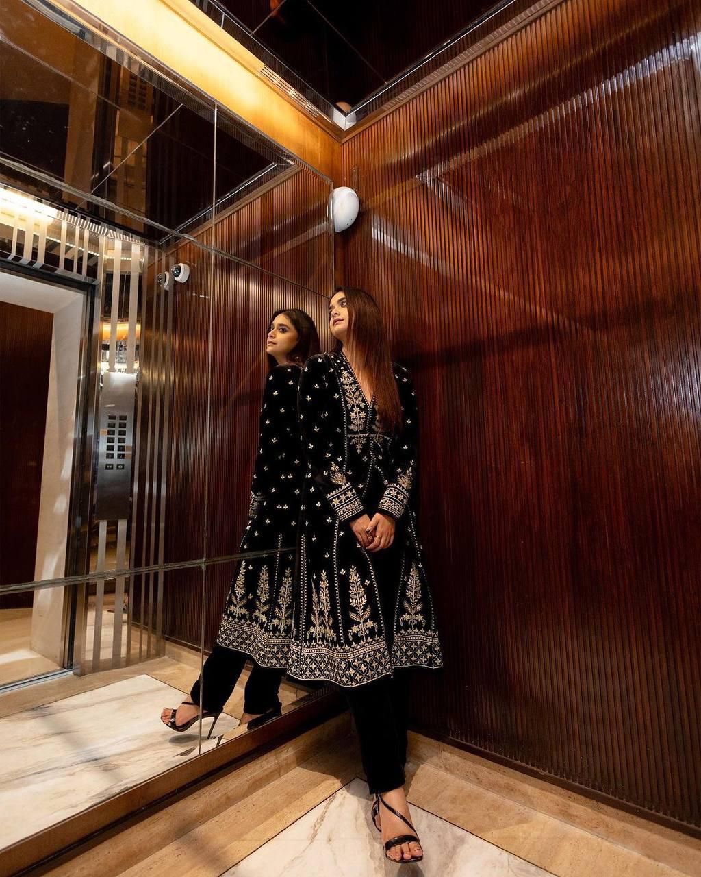 Velvique Royale Heavy Velvet Embroidered Anarkali Gown with Plazzo