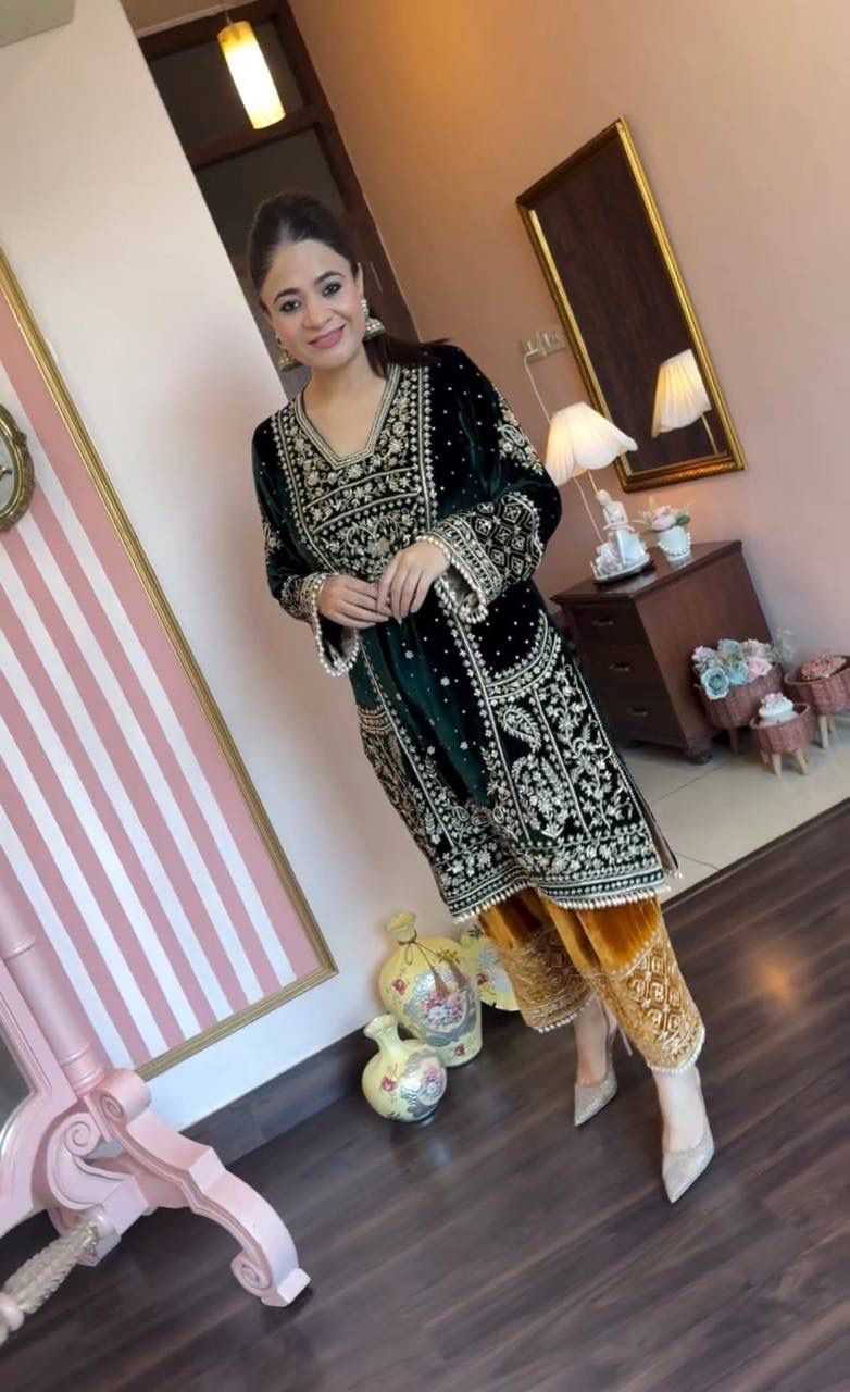 Heavy Velvet Sequins Embroidered Kurti-Plazzo Set with Dupatta