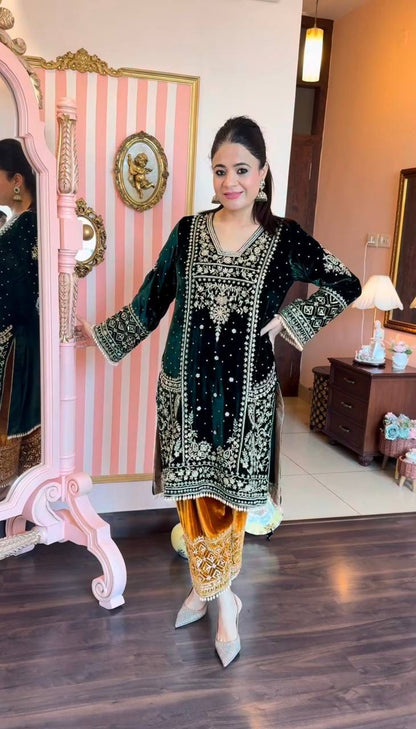 Heavy Velvet Sequins Embroidered Kurti-Plazzo Set with Dupatta