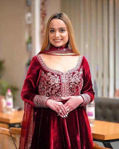 Royal Aura Heavy Velvet Embroidered Anarkali Gown with Plazzo and Dupatta