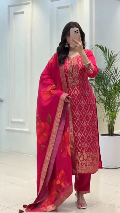 Elegant Ruby Pink Brocade Kurta Set with Floral Dupatta