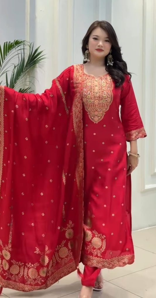 Suhana Red Silk Blend Kurta Set
