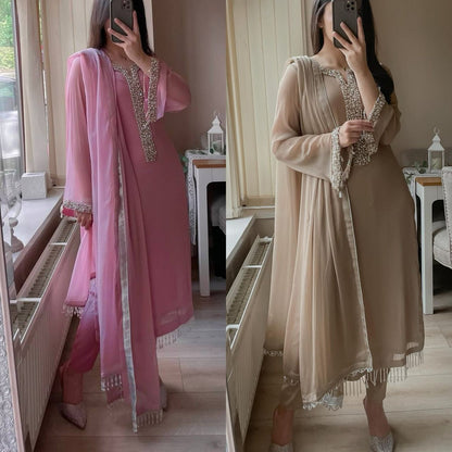 Fancy Faux Georgette Real Moti Hand Work Top And Pent With Dupatta Set