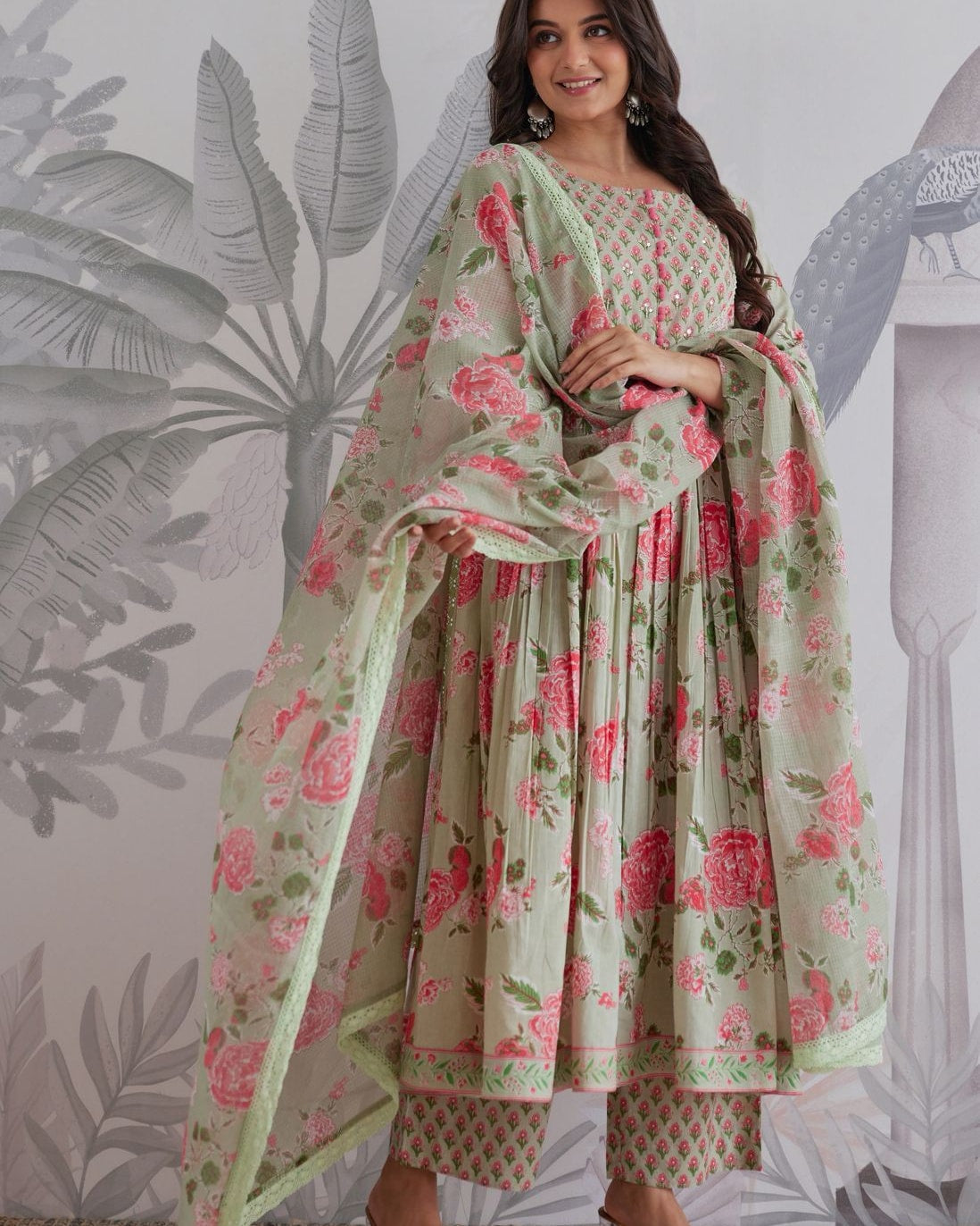 Prakriti Sage Floral Anarkali Set