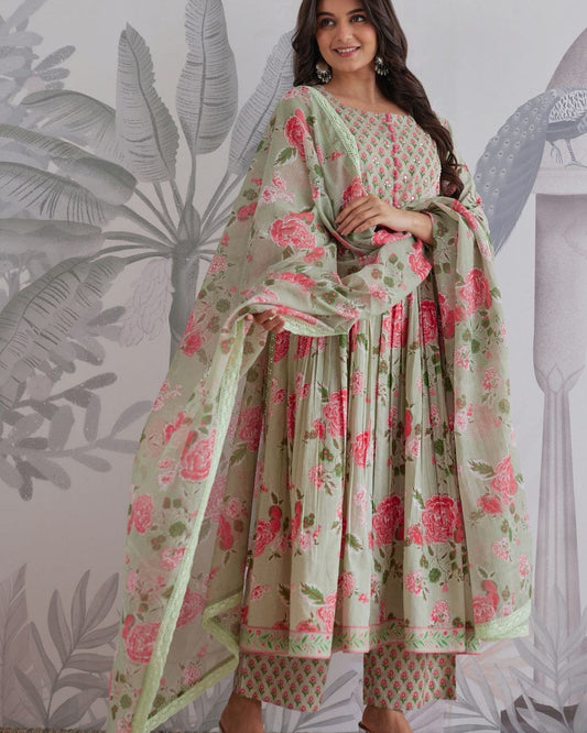 Prakriti Sage Floral Anarkali Set